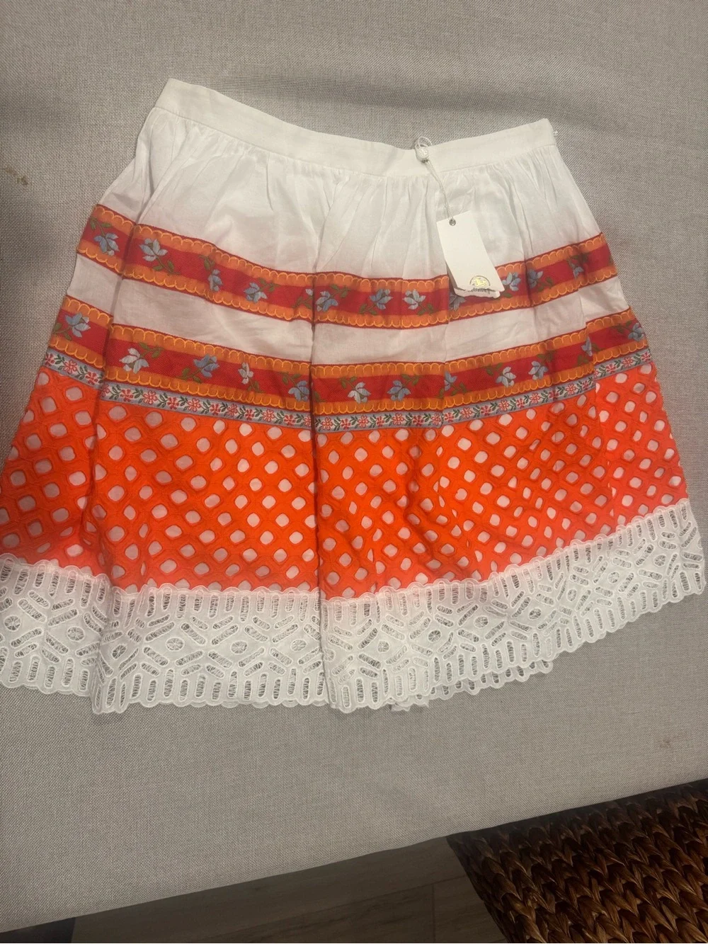 Tory Burch Orange & White Tiered Embroidered Circle Skirt Size 4